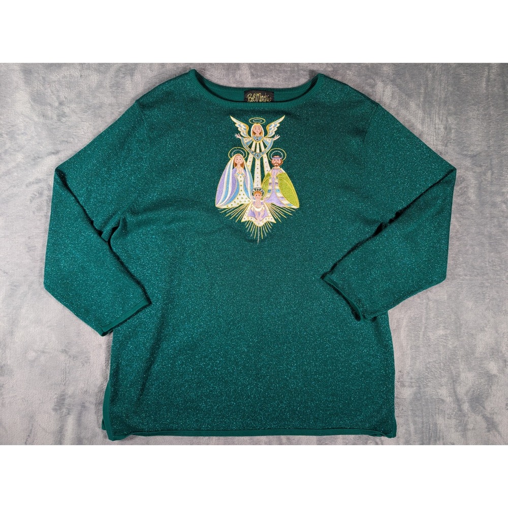 Bob Mackie Wearable Art Womens Extra Large XL Green Metallic Nativity Sweater